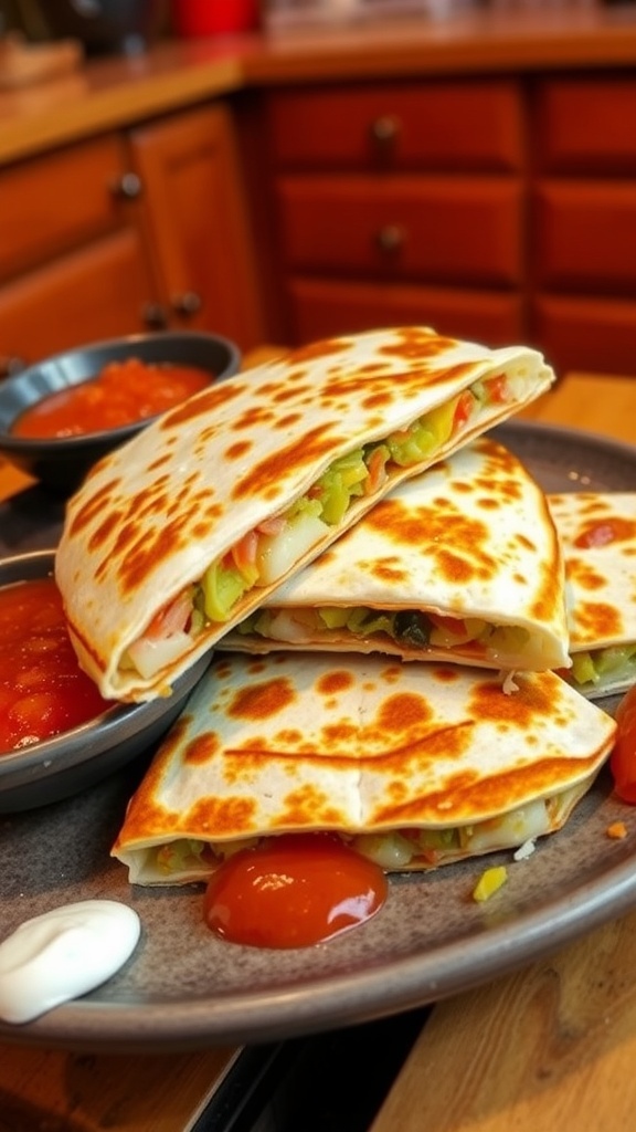 Crispy quesadilla wedges with melted cheese and salsa on a rustic plate.